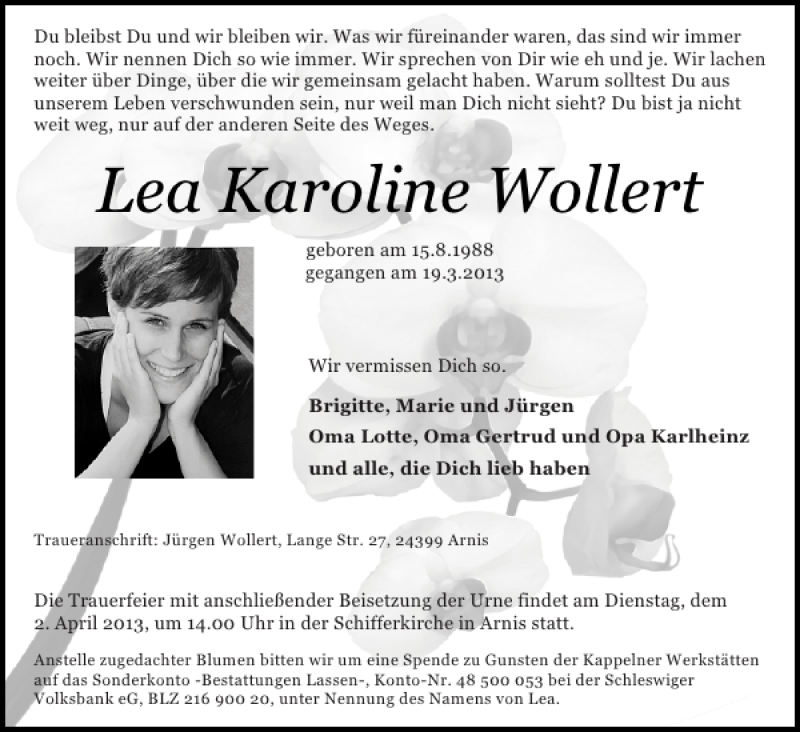  Traueranzeige für Lea Karoline Wollert vom 27.03.2013 aus Schlei-Bote