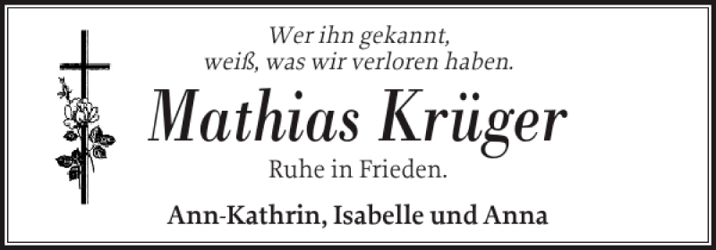  Traueranzeige für Mathias Krüger vom 30.03.2013 aus Norddeutsche Rundschau