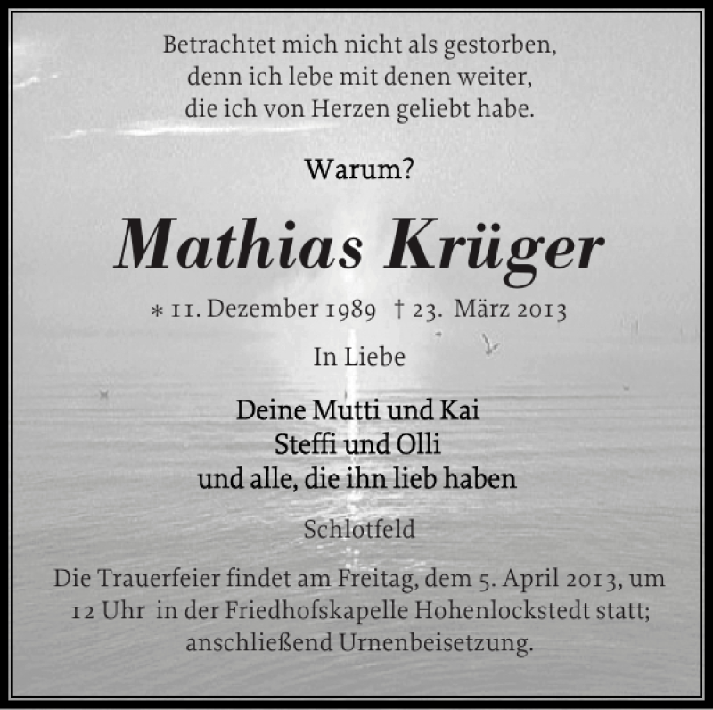  Traueranzeige für Mathias Krüger vom 30.03.2013 aus Norddeutsche Rundschau