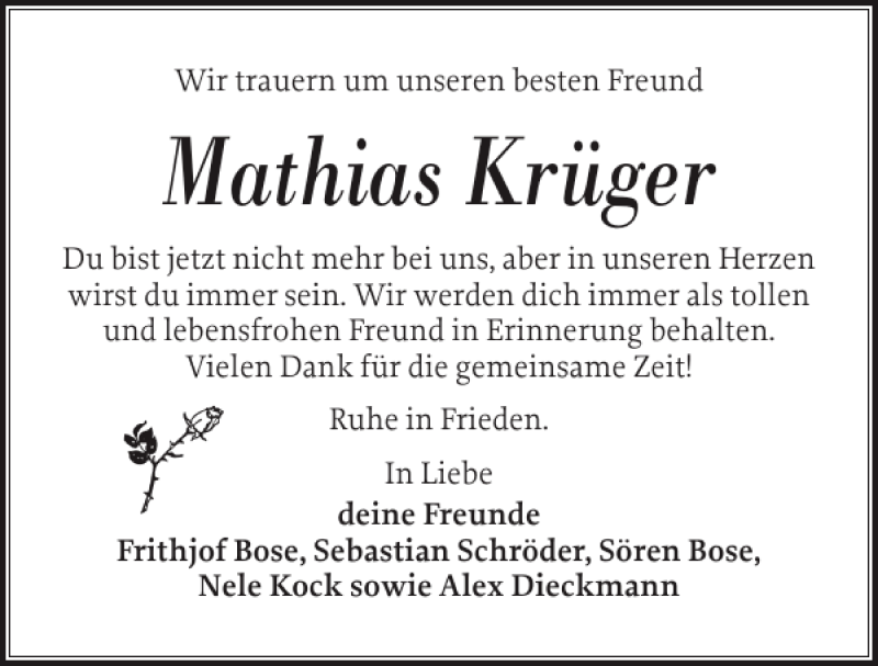  Traueranzeige für Mathias Krüger vom 30.03.2013 aus Norddeutsche Rundschau