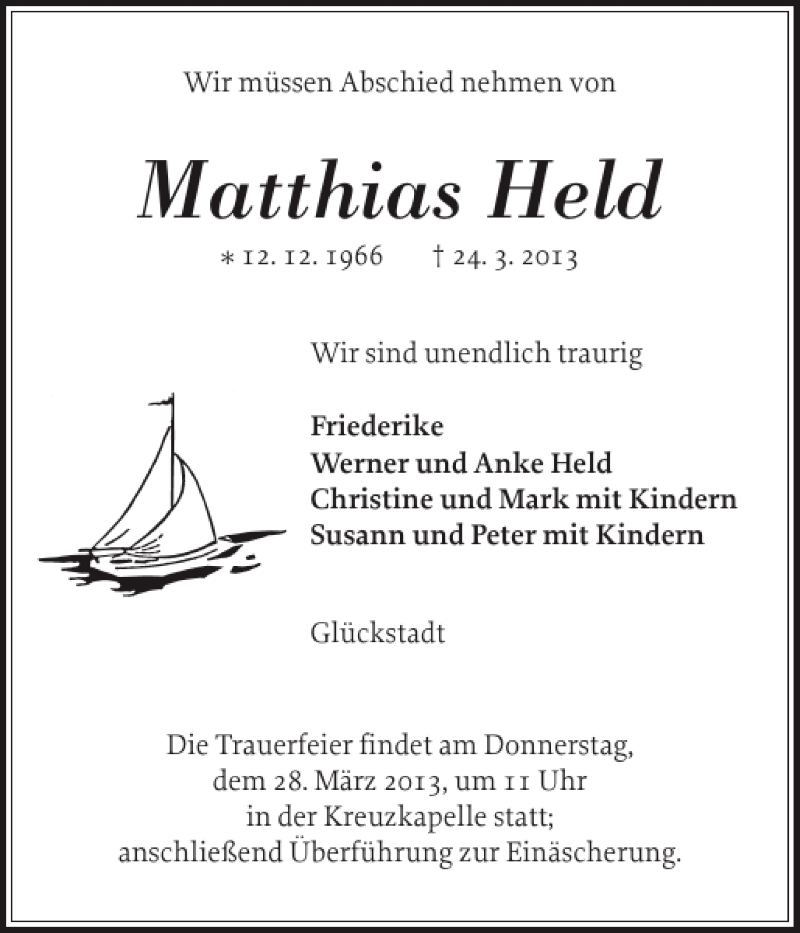  Traueranzeige für Matthias Held vom 27.03.2013 aus Norddeutsche Rundschau
