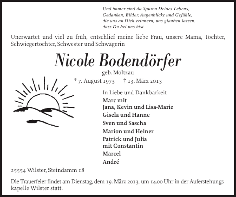  Traueranzeige für Nicole Bodendörfer vom 16.03.2013 aus Norddeutsche Rundschau