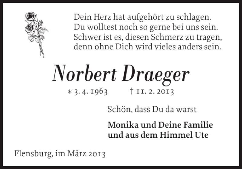  Traueranzeige für Norbert Draeger vom 04.03.2013 aus Flensburger Tageblatt