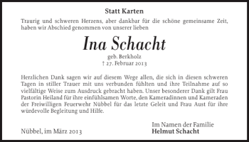 Traueranzeige von Schacht  von Landeszeitung