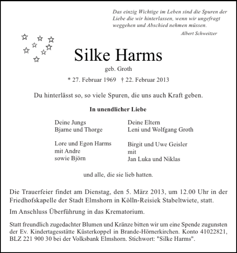  Traueranzeige für Silke Harms vom 02.03.2013 aus Elmshorner Nachrichten