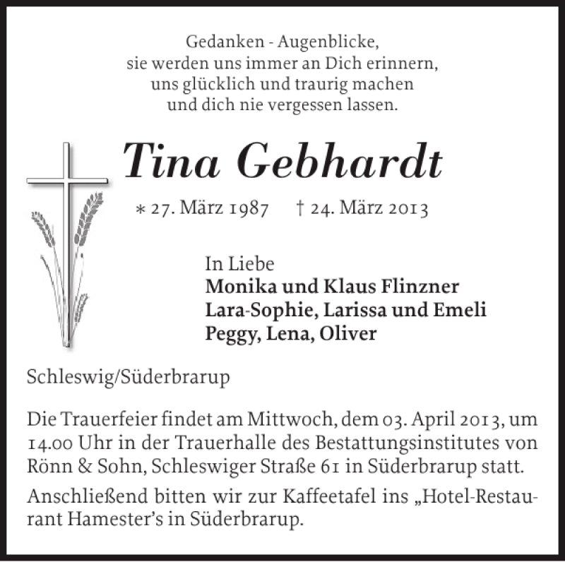  Traueranzeige für Tina Gebhardt vom 30.03.2013 aus Schleswiger Nachrichten