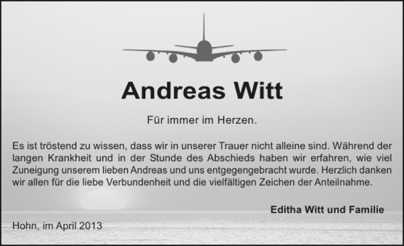  Traueranzeige für Andreas Witt vom 13.04.2013 aus Landeszeitung