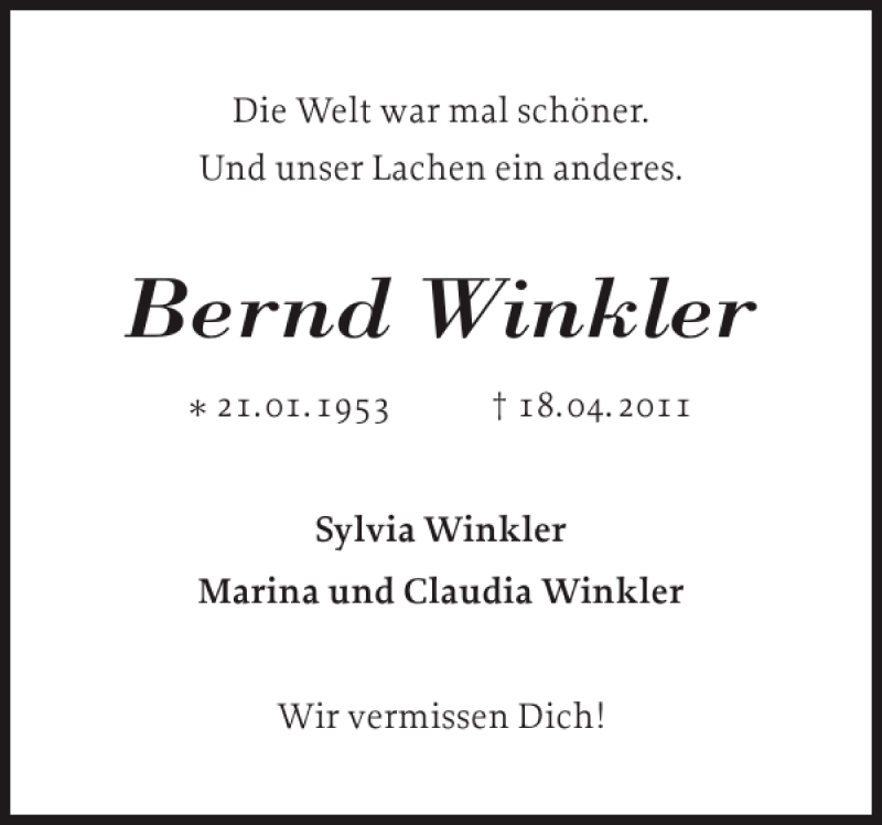  Traueranzeige für Bernd Winkler vom 18.04.2013 aus Flensburger Tageblatt