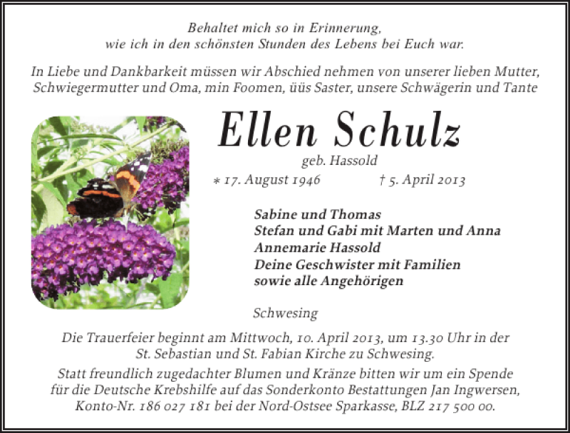 Traueranzeige für Ellen Schulz vom 08.04.2013 aus Husumer Nachrichten