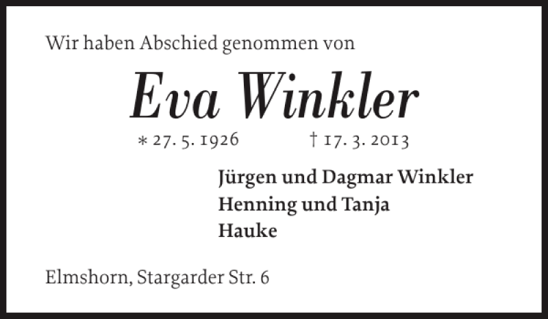  Traueranzeige für Eva Winkler vom 27.04.2013 aus Pinneberger Tageblatt
