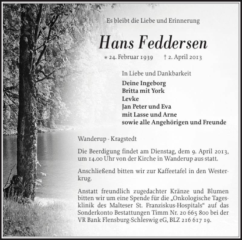  Traueranzeige für Frieda Pohlentz Hans Feddersen vom 04.04.2013 aus Flensburger Tageblatt