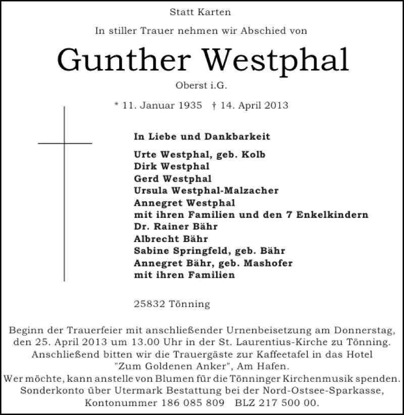  Traueranzeige für Gunther Westphal vom 17.04.2013 aus Husumer Nachrichten