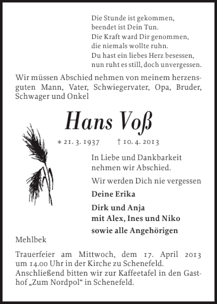 Traueranzeige für Hans Voß vom 12.04.2013 aus Norddeutsche Rundschau