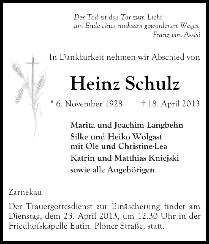  Traueranzeige für Heinz Schulz vom 20.04.2013 aus Ostholsteiner Anzeiger