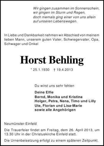 Traueranzeige von Horst Behling von Holsteinischer Courier