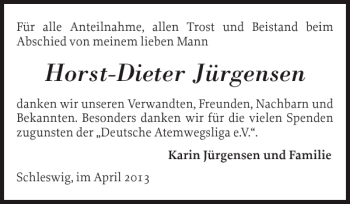 Traueranzeige von Horst-Dieter Jürgensen von Schleswiger Nachrichten