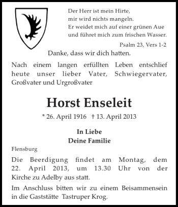 Traueranzeige von Horst Enseleit von Flensburger Tageblatt