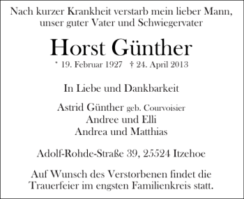 Traueranzeige von Horst Günther von Norddeutsche Rundschau