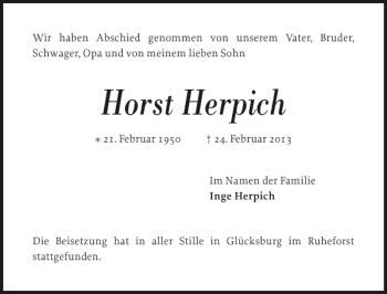 Traueranzeige von Horst Herpich von Der Insel-Bote