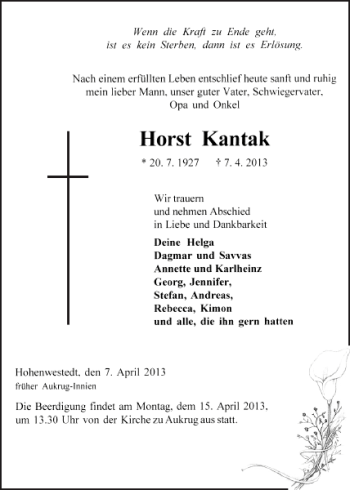 Traueranzeige von Horst Kantak von Landeszeitung