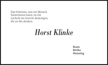 Traueranzeige von Horst Klinke von Flensburger Tageblatt
