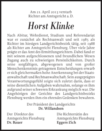 Traueranzeige von Horst Klinke von Flensburger Tageblatt