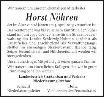 Traueranzeige von Horst Nöhren von Norddeutsche Rundschau