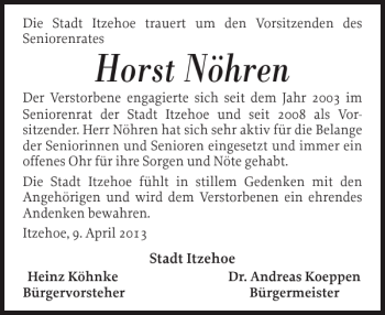 Traueranzeige von Horst Nöhren von Norddeutsche Rundschau