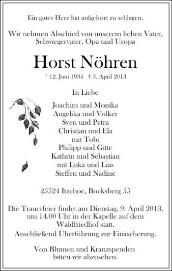 Traueranzeige von Horst Nöhren von Norddeutsche Rundschau