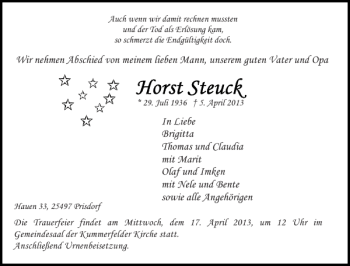 Traueranzeige von Horst Steuck von Pinneberger Tageblatt