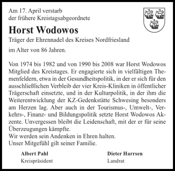 Traueranzeige von Horst Wodowos von Husumer Nachrichten