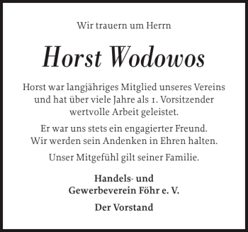 Traueranzeige von Horst Wodowos von Der Insel-Bote