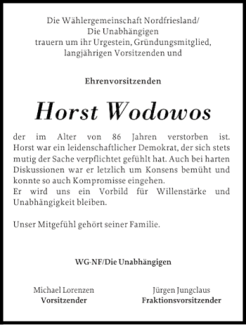 Traueranzeige von Horst Wodowos von Flensburger Tageblatt