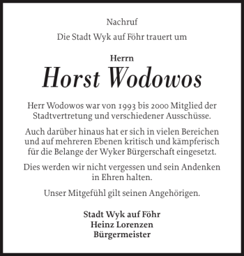 Traueranzeige von Horst Wodowos von Der Insel-Bote
