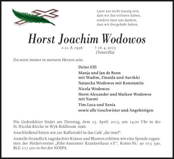 Traueranzeige von Horst Joachim Wodowos von Husumer Nachrichten
