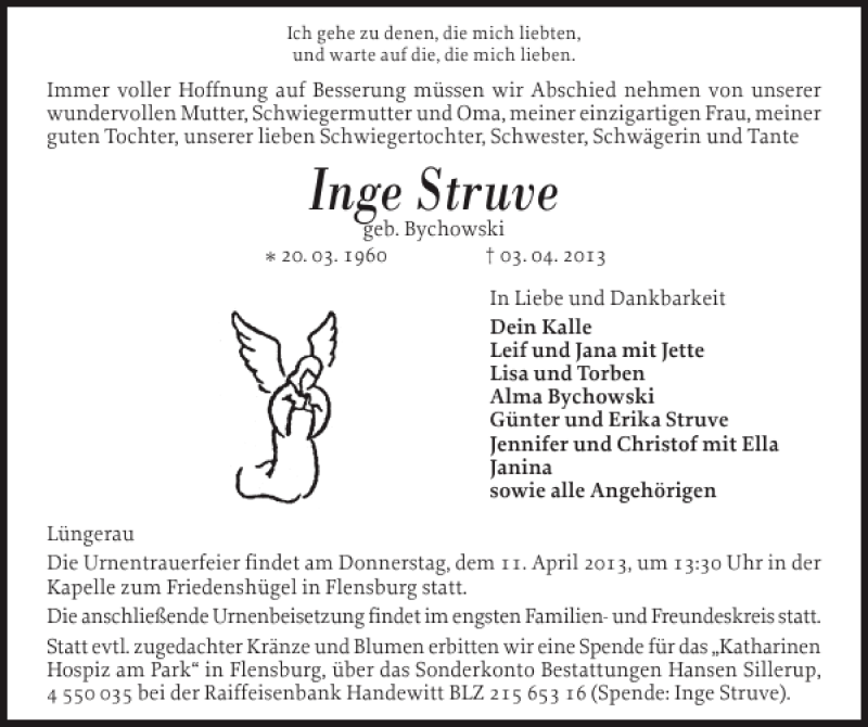  Traueranzeige für Inge Struve vom 06.04.2013 aus Flensburger Tageblatt