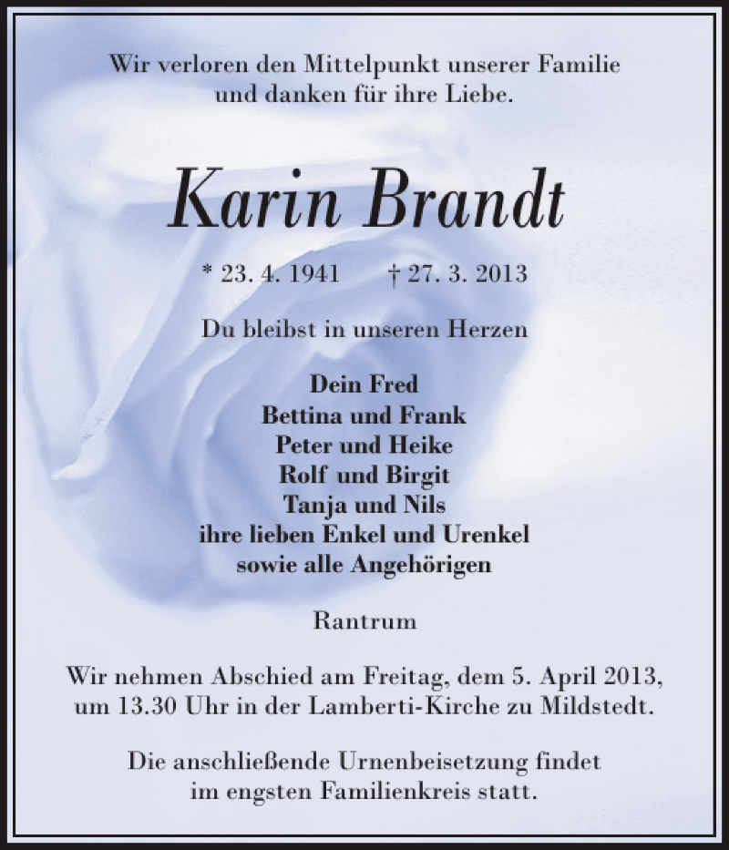  Traueranzeige für Karin Brandt vom 02.04.2013 aus Husumer Nachrichten