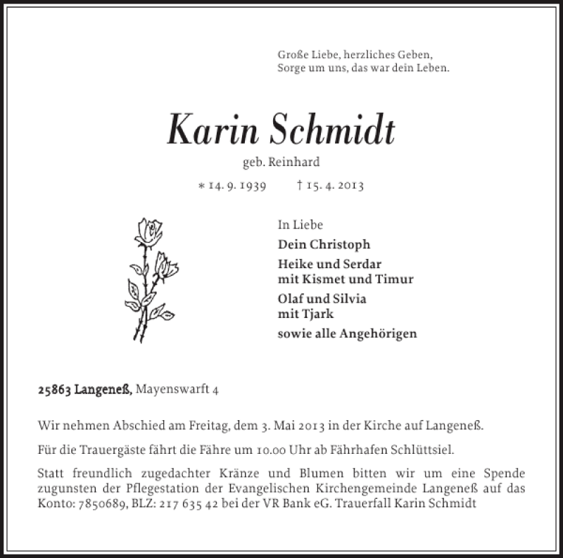  Traueranzeige für Karin Schmidt vom 20.04.2013 aus Husumer Nachrichten