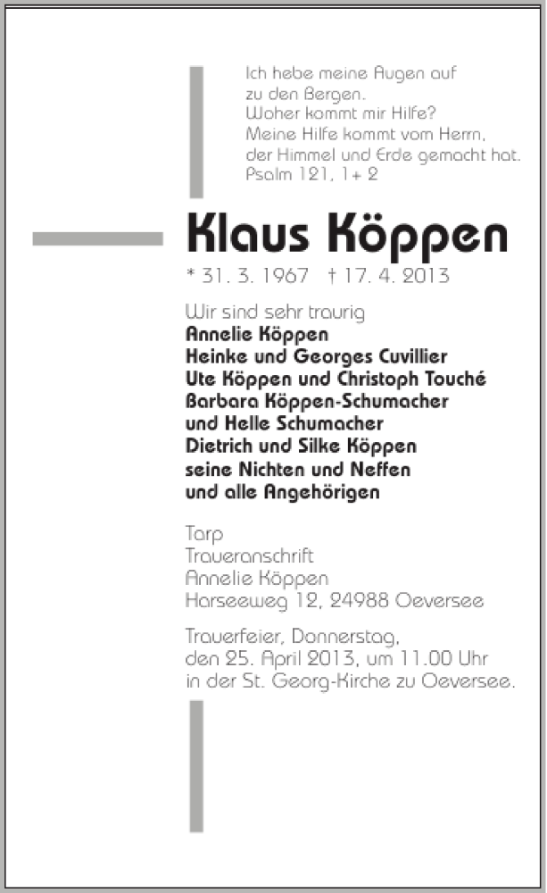  Traueranzeige für Klaus Köppen vom 20.04.2013 aus Flensburger Tageblatt