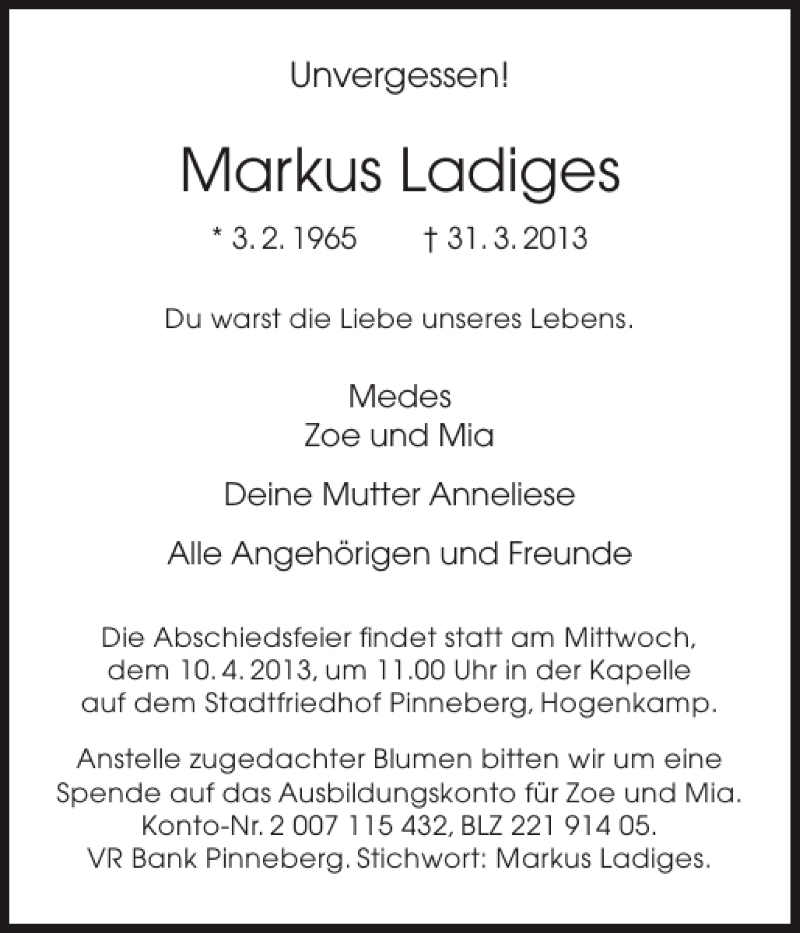  Traueranzeige für Markus Ladiges vom 06.04.2013 aus Pinneberger Tageblatt