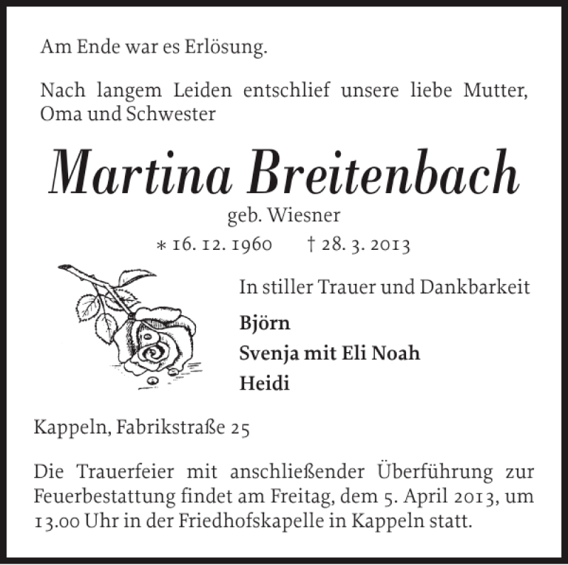 Traueranzeige für Martina Breitenbach vom 02.04.2013 aus Schlei-Bote