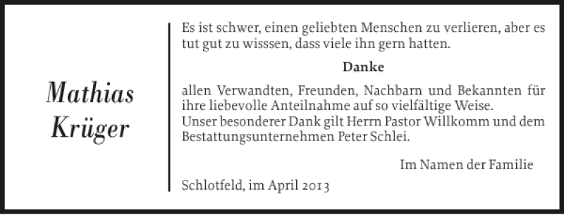  Traueranzeige für Mathias Krüger vom 20.04.2013 aus Norddeutsche Rundschau