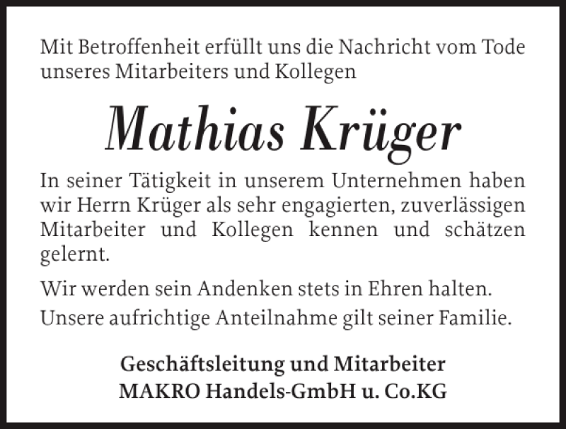  Traueranzeige für Mathias Krüger vom 04.04.2013 aus Norddeutsche Rundschau