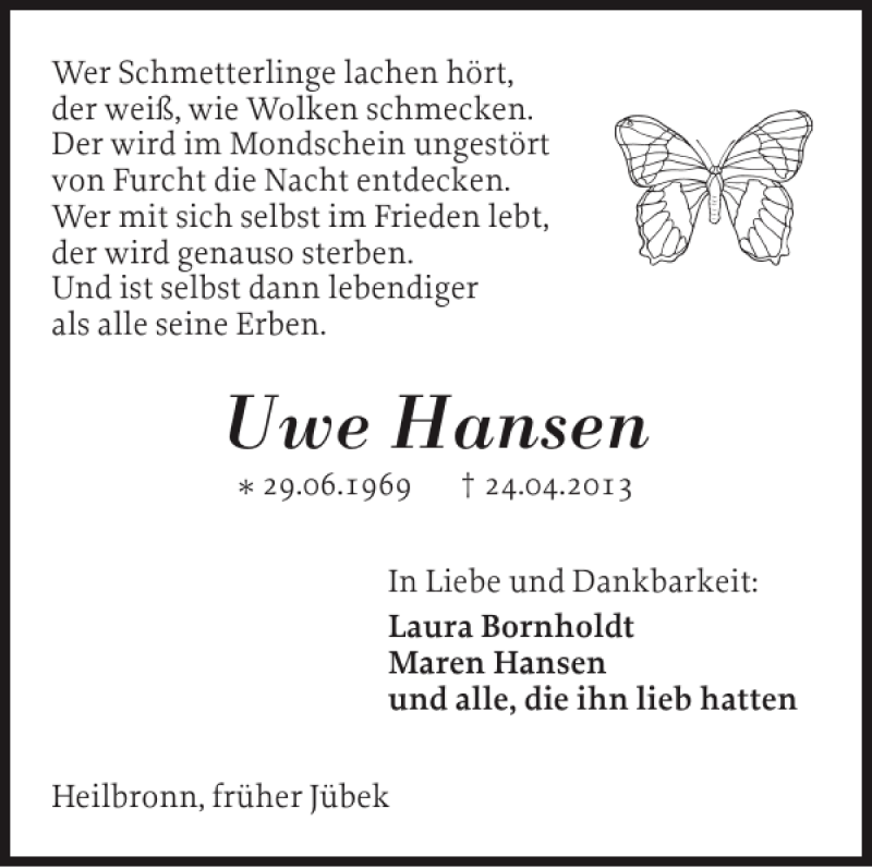  Traueranzeige für Uwe Hansen vom 30.04.2013 aus Schleswiger Nachrichten