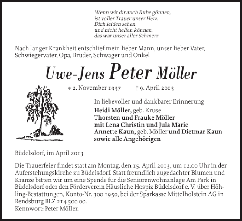  Traueranzeige für Uwe-Jens Peter Müller vom 12.04.2013 aus Landeszeitung