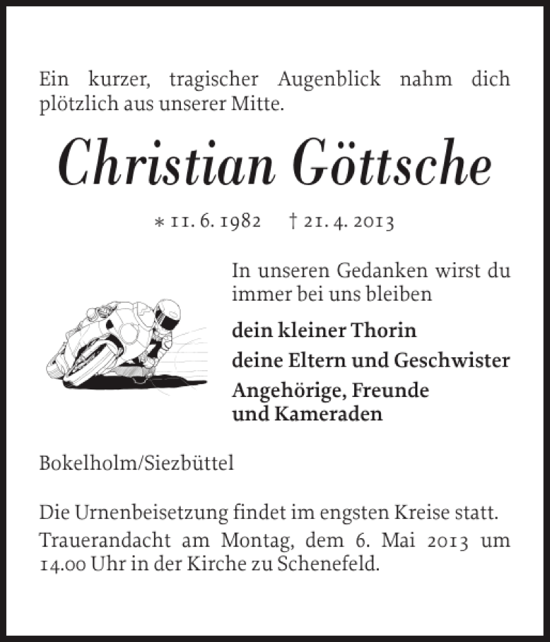  Traueranzeige für Christian Göttsche vom 02.05.2013 aus Norddeutsche Rundschau