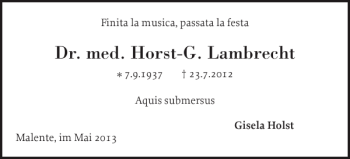 Traueranzeige von Dr. med. Horst-G. Lambrecht von Ostholsteiner Anzeiger