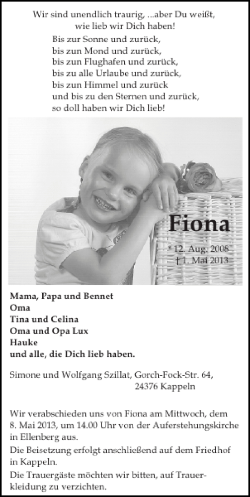  Traueranzeige für Fiona  vom 06.05.2013 aus Schlei-Bote