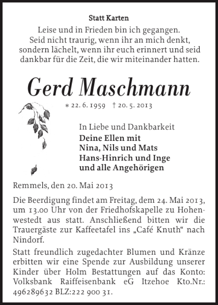  Traueranzeige für Gerd Maschmann vom 22.05.2013 aus Landeszeitung