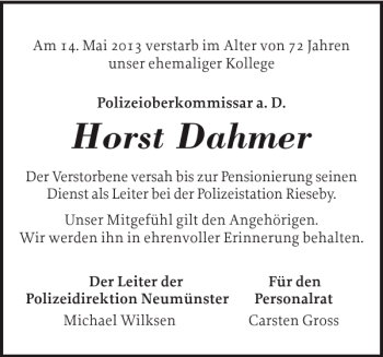 Traueranzeige von Horst Dahmer von Eckernförder Zeitung